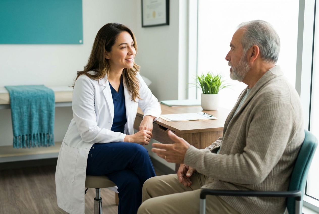 Physician in a bright exam room fully attentive to an older patient with no laptop between them