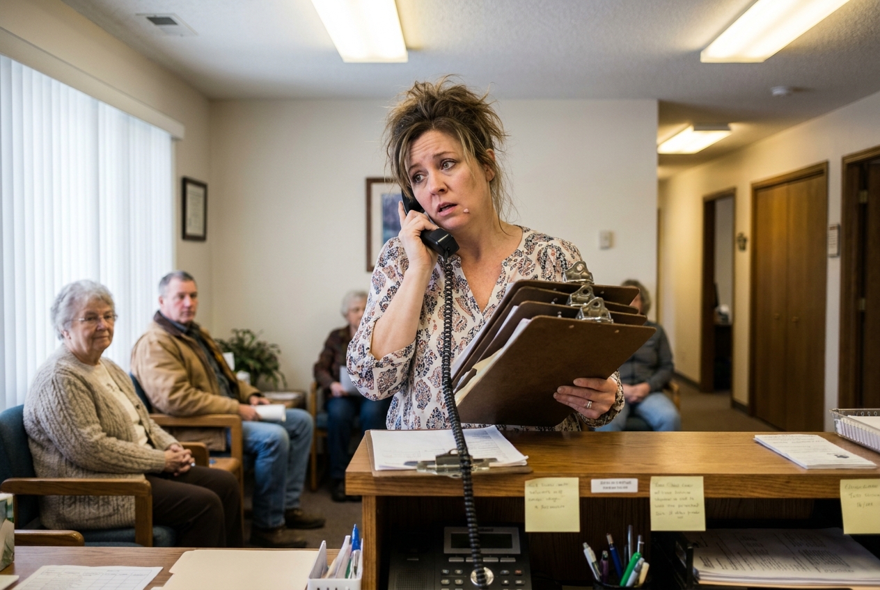 Small clinic front desk with a receptionist juggling a ringing phone and a stack of intake clipboards while patients wait