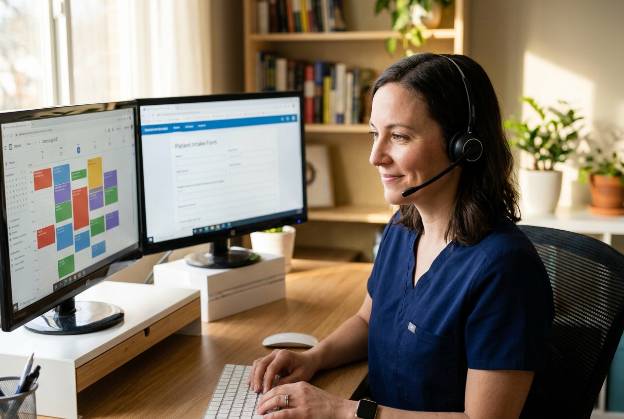 Remote medical administrative assistant with a headset working from a home office with a scheduling calendar and intake form on screen